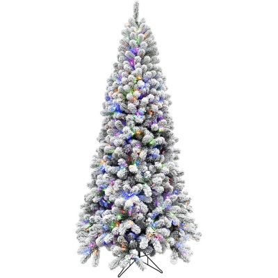 Fraser Hill Farm 7.5 ft. Flocked Silverton Fir Christmas Tree with Multicolor LED String Lighting