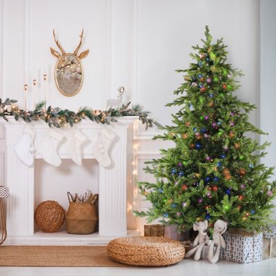 Fraser Hill Farm 7.5 ft. Pre-Lit Woodside Pine Artificial Christmas Tree, Multicolor LED Lights