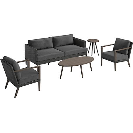 MOD 5 pc. Harlow Mid-Century Modern Outdoor Chat Set, Includes 2 Woven Side Chairs, Sofa, Faux Wood Coffee and Side Table