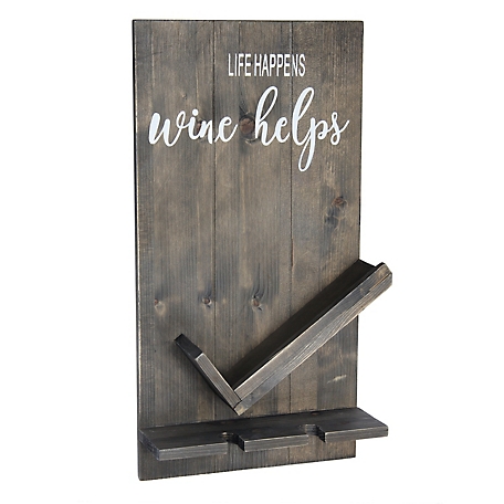 Elegant Designs Life Happens Wine Helps Wine Bottle Shelf with Glass Holder, Rustic Gray