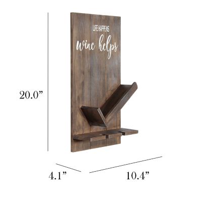 Image showing  Life Happens Wine Helps Wine Bottle Shelf with Glass Holder, Restored Wood