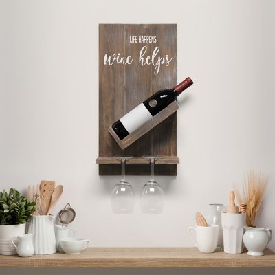 Image showing  Life Happens Wine Helps Wine Bottle Shelf with Glass Holder, Restored Wood