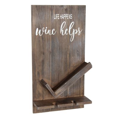 Image showing  Life Happens Wine Helps Wine Bottle Shelf with Glass Holder, Restored Wood