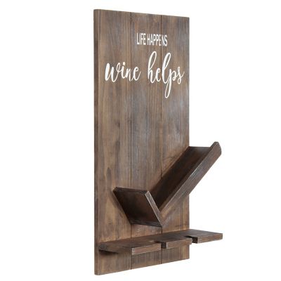Image showing  Life Happens Wine Helps Wine Bottle Shelf with Glass Holder, Restored Wood