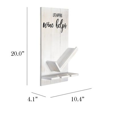 Image showing  Life Happens Wine Helps Wine Bottle Shelf with Glass Holder, White Wash