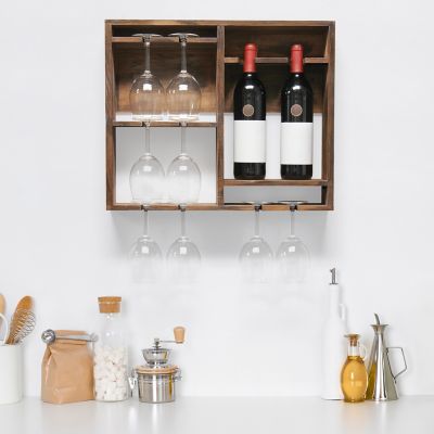 Image showing  2-Bottle Bartow Wall-Mounted Wood Wine Rack Shelf with Glass Holder, Restored Wood
