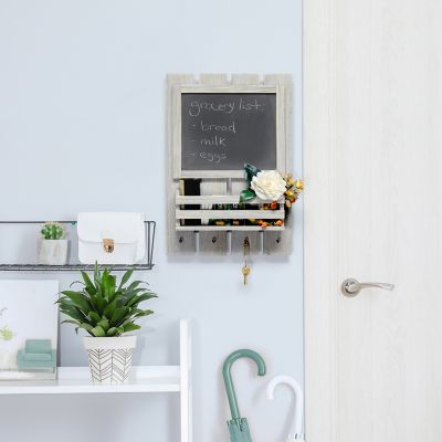 Image showing  Chalkboard Sign with Key Holder Hooks and Mail Storage, Gray Wash