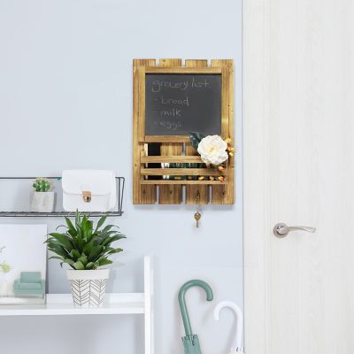Image showing  Chalkboard Sign with Key Holder Hooks and Mail Storage, Natural Wood