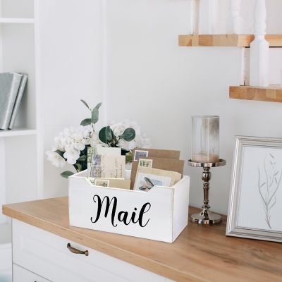Elegant Designs Rustic Farmhouse Wooden Tabletop Decorative Organizer Box, White, Mail Script