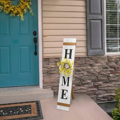 Elegant Designs Seasonal Wooden "Home" Porch Sign with 4 Interchangeable Floral Wreaths, White