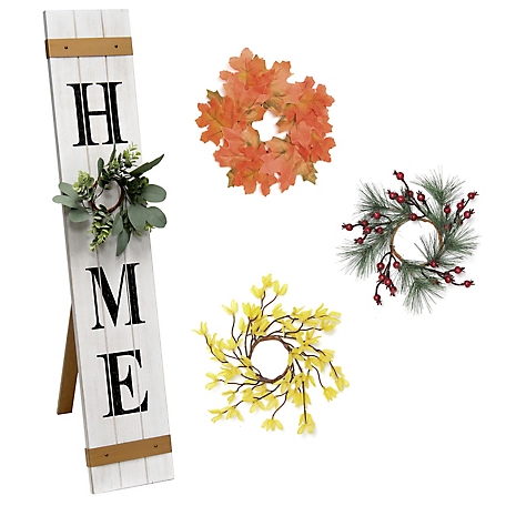 Elegant Designs Seasonal Wooden "Home" Porch Sign with 4 Interchangeable Floral Wreaths, White
