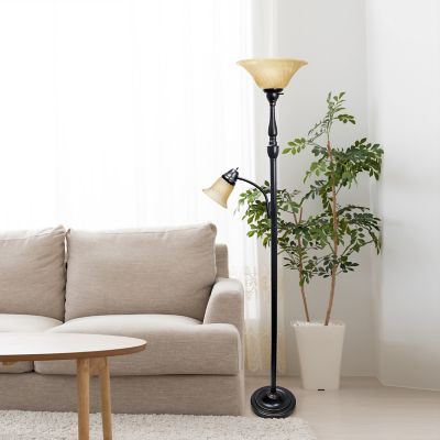 Lalia Home 71 in. Torchiere Floor Lamp with Reading Light and Marble Glass Shades, Restoration Bronze, White Glass