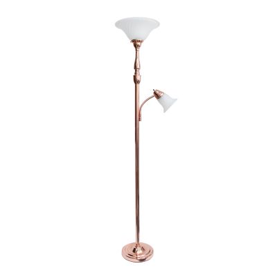Lalia Home 71 in. Torchiere Floor Lamp with Reading Light and Marble Glass Shades, Rose Gold
