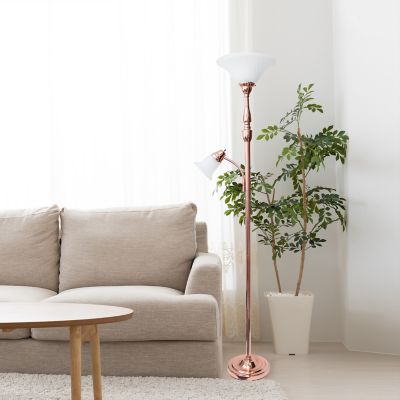 Lalia Home 71 in. Torchiere Floor Lamp with Reading Light and Marble Glass Shades, Rose Gold