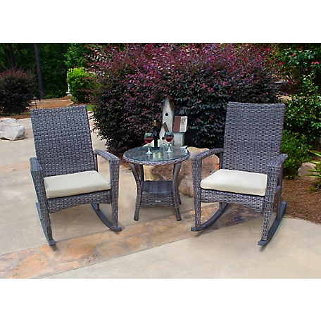 Tortuga Outdoor Bayview Wicker Outdoor Rocking Chairs and Side Table Set, Includes Tan Cushions