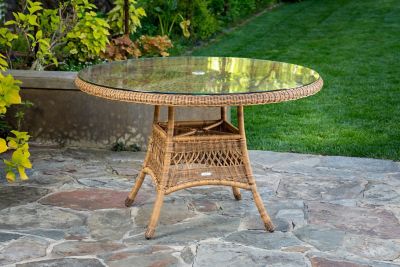 Image showing 5 th Tortuga Outdoor 5 pc. Sea Pines Mojave Wicker Outdoor Dining Set, 48 in. Round Table, Sunbrella and Canvas Cushions, Light Brown