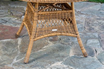 Image showing 6 th Tortuga Outdoor 5 pc. Sea Pines Mojave Wicker Outdoor Dining Set, 48 in. Round Table, Sunbrella and Canvas Cushions, Light Brown