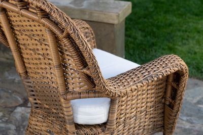 Image showing 7 th Tortuga Outdoor 5 pc. Sea Pines Mojave Wicker Outdoor Dining Set, 48 in. Round Table, Sunbrella and Canvas Cushions, Light Brown