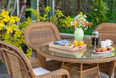 Image showing 8 th Tortuga Outdoor 5 pc. Sea Pines Mojave Wicker Outdoor Dining Set, 48 in. Round Table, Sunbrella and Canvas Cushions, Light Brown