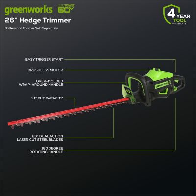 Image showing 8 th Greenworks 26 in. 60V Cordless Hedge Trimmer, Battery and Charger Not Included