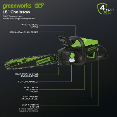 Image showing 8 th Greenworks 18 in. 60V Cordless Chainsaw, Battery and Charger Not Included
