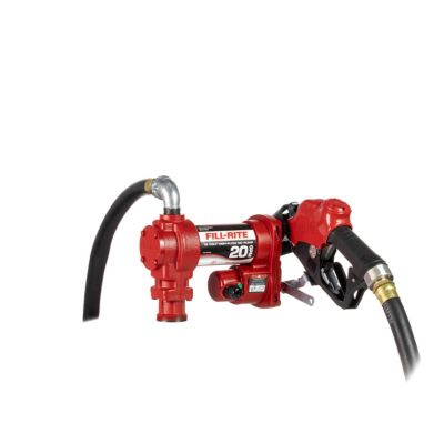 Fill-Rite 1/4 HP 12V Fuel Transfer Pump with Automatic Nozzle, 20 GPM, Discharge Hose and Suction Pipe, Red