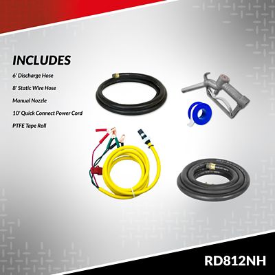 Image showing  0.17 HP 12V Portable Fuel Transfer Pump with Manual Nozzle, 8 GPM, 8 ft. Discharge Hose, Suction Hose, RD812NH