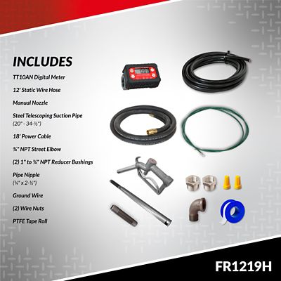 Image showing  1/4 HP 12V Fuel Transfer Pump with Discharge Hose, 15 GPM, Manual Nozzle, Suction Pipe and Digital Meter, FR1219H