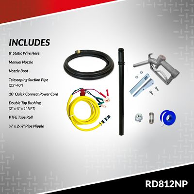 Image showing  0.17 HP 12V Portable Fuel Transfer Pump with Manual Nozzle, 8 GPM, 8 ft. Discharge Hose, Suction Pipe, RD812NP