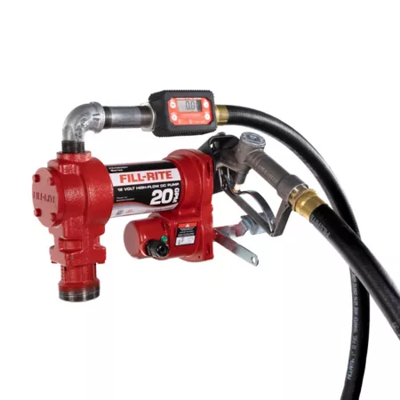 Fill-Rite 1/4 HP 12V Fuel Transfer Pump with Discharge Hose 20 GPM Hand Nozzle Suction Hose and Digital Meter Fuel Transfer Pumps