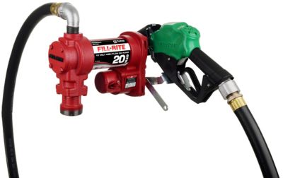 Fill-Rite 1/4 HP 12V Fuel Transfer Pump with Automatic Nozzle, 20 GPM, Discharge Hose and Suction Pipe, Green