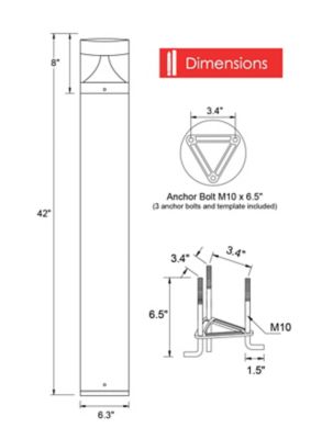 Image showing 3 th SOLUS 3,000 Lm 20 W Round Black LED Landscape Bollard Light, Exterior Surface-Mounted Aluminum, 120-277 V, 42 x 6.3in.
