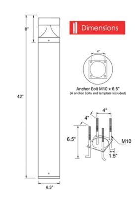 Image showing  Square Black LED Landscape Bollard Light, Exterior Surface-Mounted Aluminum, 120-277 V, 42 x 6.3in.