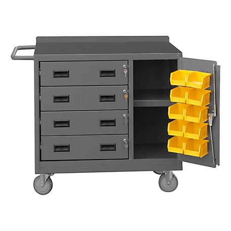 Durham MFG Mobile Bench Cabinet, 10 Yellow Bins