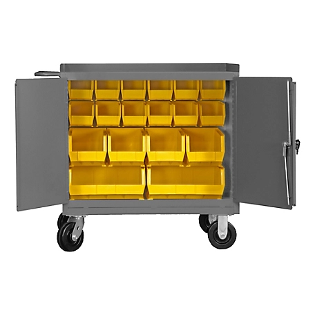 Durham MFG Mobile Bench Cabinet, 18 Yellow Bins