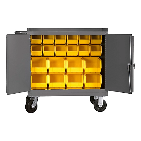 Durham MFG Mobile Bench Cabinet, 20 Yellow Bins