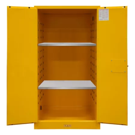 Durham MFG 60 gal Flammable safety cabinet with manual door and 2 shelves yellow Freestanding Garage Cabinets