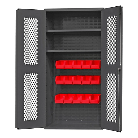 Durham MFG 14 Gauge Ventilated Cabinet, 36 in. x 18 in. x 72 in., 15 Red Bins