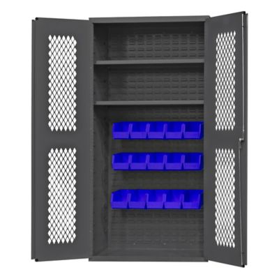 Durham MFG 14 Gauge Ventilated Cabinet, 36 in. x 18 in. x 72 in., 15 Blue Bins