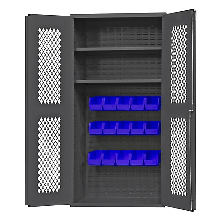 Durham MFG 14 Gauge Ventilated Cabinet, 36 in. x 18 in. x 72 in., 15 Blue Bins