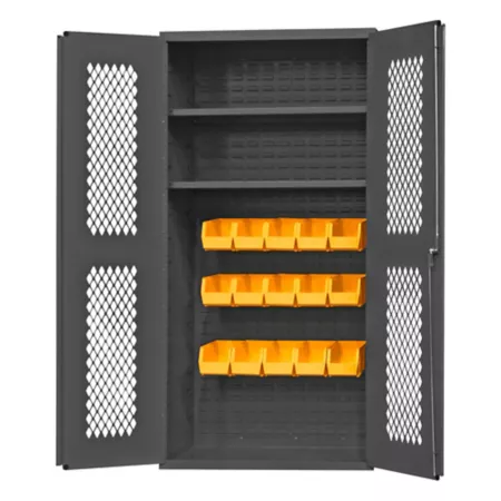 Durham MFG Vented Cabinet 900 lb Capacity 14 Gauge 36 in x 18 in x 72 in 15 Yellow Bins Freestanding Garage Cabinets