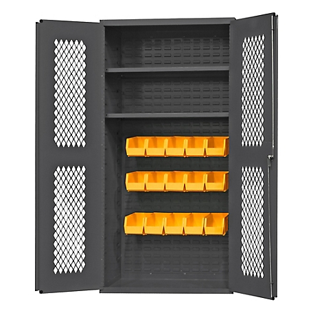Durham MFG 900 lb. Capacity 14 Gauge Ventilated Cabinet, 36 in. x 18 in. x 72 in., 15 Yellow Bins