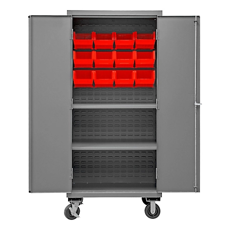 Durham MFG 16-Gauge Steel Shelf and Bin Mobile Cabinet, 12 Red Bins, 2 Shelves