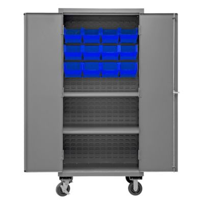 Durham MFG 16-Gauge Steel Shelf and Bin Mobile Cabinet, 12 Blue Bins, 2 Shelves