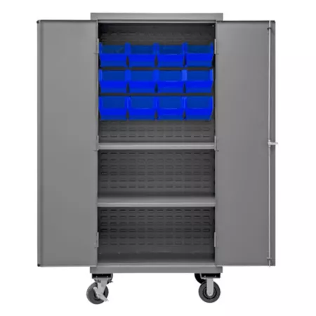 Durham MFG 16 Gauge Steel Mobile Shelving and Bin Cabinet 12 Blue Bins 2 Shelves Bin Organizers