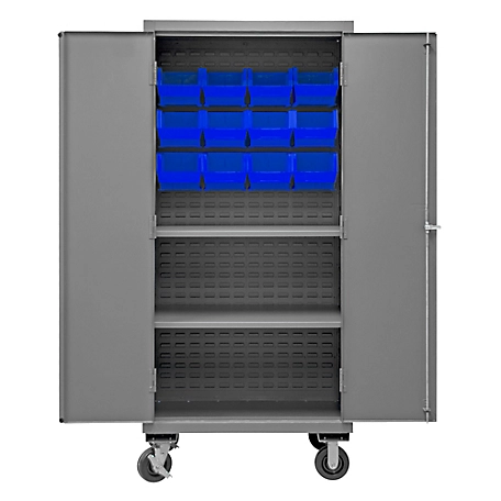 Durham MFG 16-Gauge Steel Shelf and Bin Mobile Cabinet, 12 Blue Bins, 2 Shelves