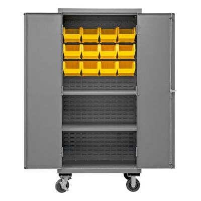 Durham MFG 16-Gauge Steel Shelf and Bin Mobile Cabinet, 12 Yellow Bins, 2 Shelves