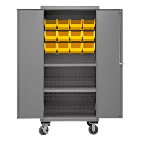 Durham MFG 16 Gauge Steel Mobile Shelving and Bin Cabinet 12 Yellow Bins 2 Shelves Utility Carts