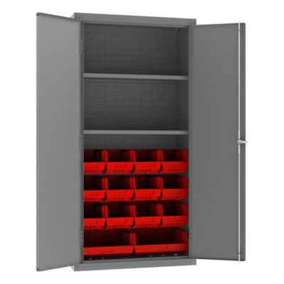 Durham MFG 14-Bin and 2-Shelf Steel Cabinet, 36 in. x 18 in. x 72 in., Red/Gray