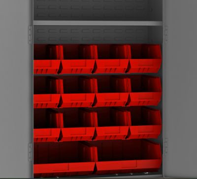 Image showing  14-Bin and 2-Shelf Steel Cabinet, 36 in. x 18 in. x 72 in., Red/Gray